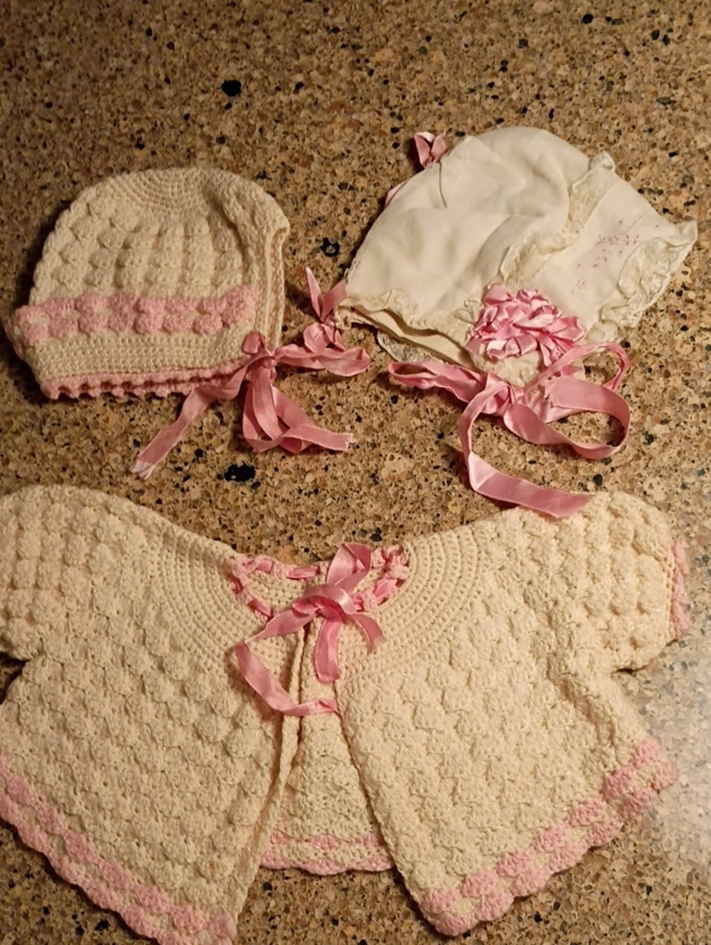 Guaranteed Vintage Handmade Cream & Pink Infant Knit Set - Sweater and Bonnets